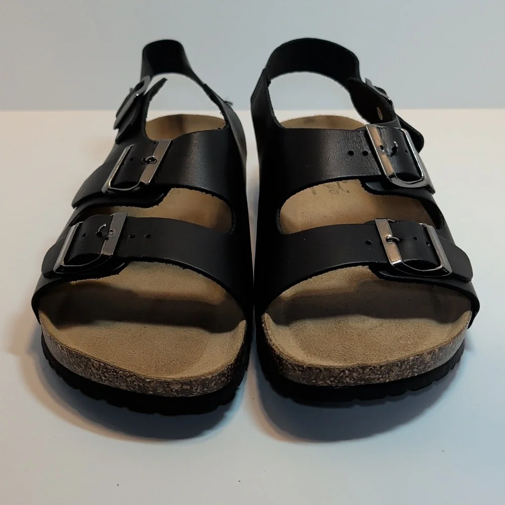 Bos. & Co. Men's Black Leather Sandals With Adjustable Buckle Straps Size 10